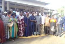 From left to right, in the middle blue clothe, Mrs. Anyang Nyong'o' Second right middle blue clothe Hon Peter Nyong'o'o, second right, Alfred Okwonga, Gulu City Mayor, third right in white shut and Kaki trouser, Chief Justice Owiny Dollo, far right Amb Olara Otunnu, in doted pink long sleep dress