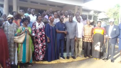 From left to right, in the middle blue clothe, Mrs. Anyang Nyong'o' Second right middle blue clothe Hon Peter Nyong'o'o, second right, Alfred Okwonga, Gulu City Mayor, third right in white shut and Kaki trouser, Chief Justice Owiny Dollo, far right Amb Olara Otunnu, in doted pink long sleep dress